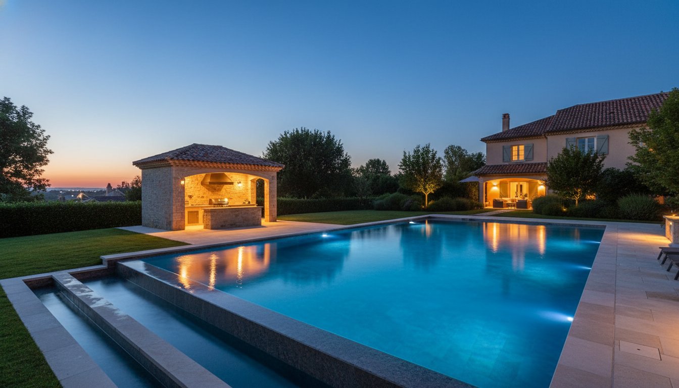 Piscine coque polyester 7x3.5m avec volet roulant Montbéliard