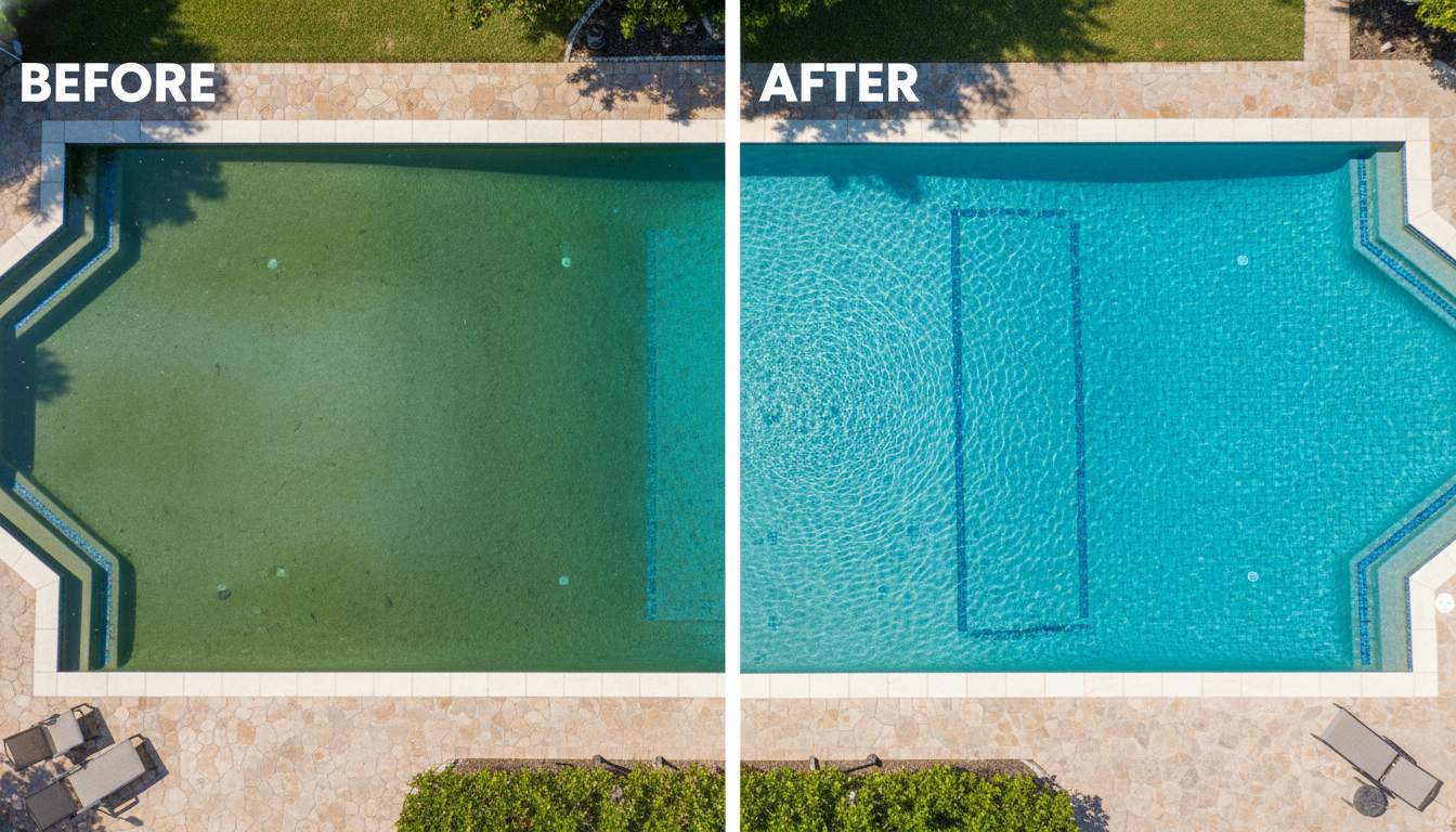 Piscine eau verte avant et après traitement