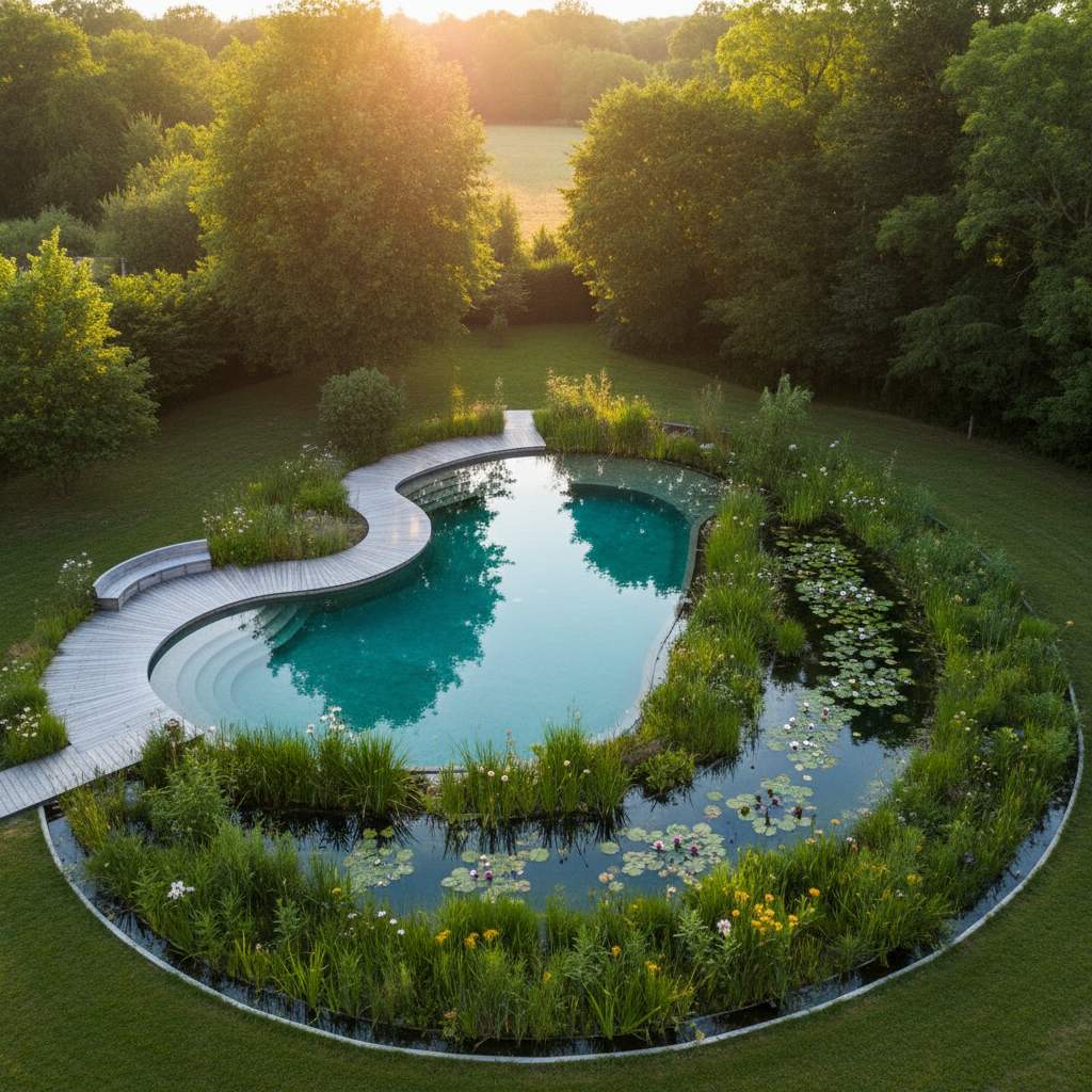 Piscine naturelle biologique avec zone de lagunage Delle