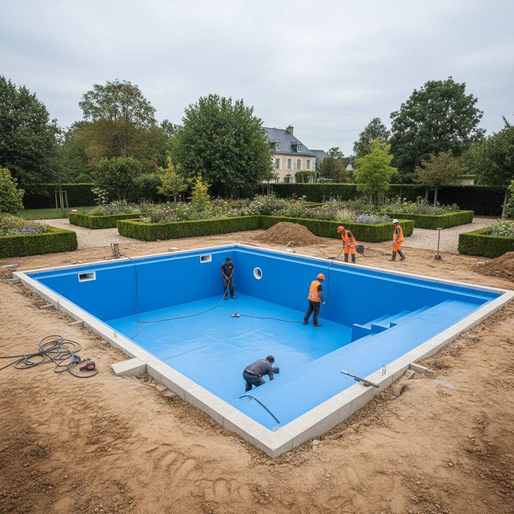 Rénovation liner piscine avec margelles pierre naturelle Bessoncourt