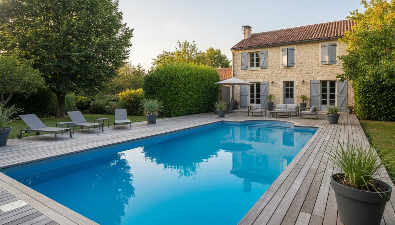 Piscine béton 10x5m avec plage bois composite à Belfort